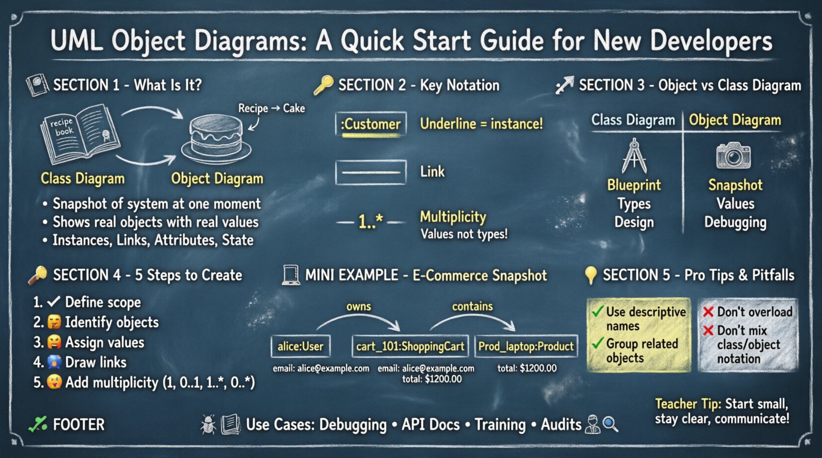 Chalkboard-style infographic teaching UML object diagrams for new developers: shows recipe-to-cake analogy comparing class vs object diagrams, key notation elements (underlined object boxes, links, multiplicity), 5-step creation process, common mistakes to avoid, and a simple e-commerce example with alice:User owning cart_101:ShoppingCart containing prod_laptop:Product, all presented in hand-written teacher style with chalk aesthetics on dark slate background