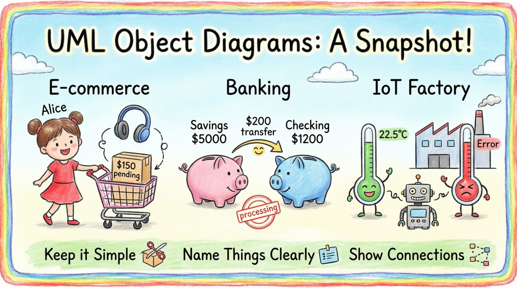 Child-style crayon drawing infographic explaining UML object diagrams through three colorful case studies: e-commerce shopping cart with customer Alice buying wireless headphones, banking transaction between savings and checking accounts showing $200 transfer, and IoT factory sensor network with working and error states, illustrating how object diagrams capture system state at a specific moment with playful illustrations, simple shapes, and bright colors for easy understanding