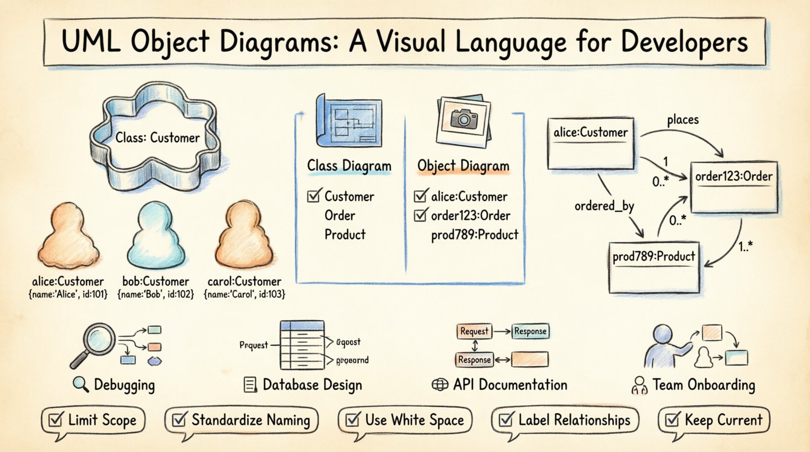 Hand-drawn infographic explaining UML Object Diagrams for developers: features cookie-cutter analogy comparing classes to objects, side-by-side class vs object diagram comparison, core elements visualization (objects with instance:class notation, labeled links, multiplicity indicators), four practical use cases (debugging, database design, API documentation, team onboarding), and best practices checklist for creating clear object diagrams in software development