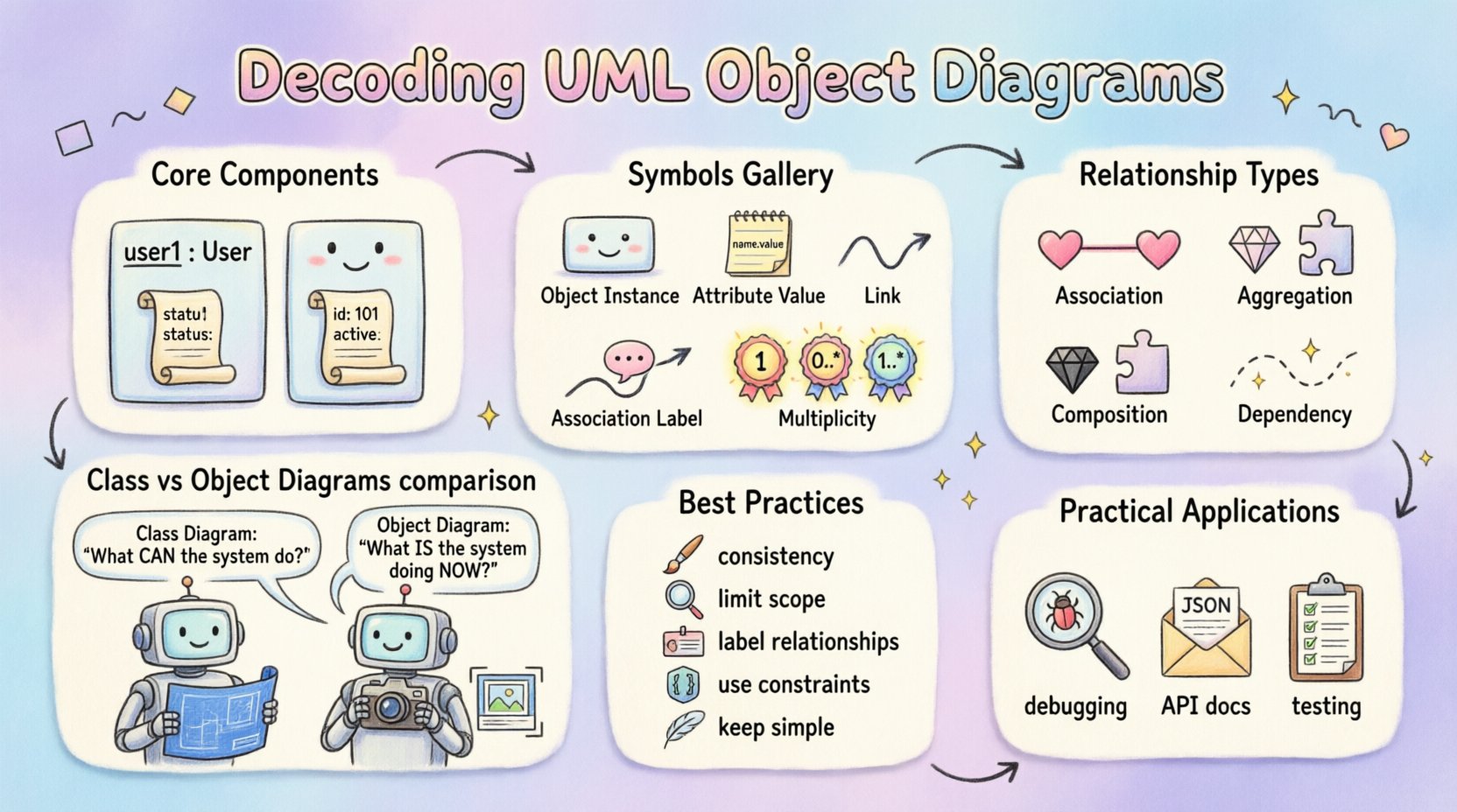 Whimsical infographic explaining UML Object Diagrams: visual breakdown of symbols including object rectangles with instance:ClassName notation, attribute values, links, association labels, and multiplicity indicators (1, 0..*, 1..*); illustrates relationship types (association, aggregation with hollow diamond, composition with filled diamond, dependency with dashed line); compares Class Diagrams vs Object Diagrams with friendly robot characters; showcases best practices like consistent naming, scoped focus, labeled relationships, and constraint usage; highlights practical applications for debugging, API documentation, and testing; designed with playful pastel colors, hand-drawn icons, and approachable visuals for software developers and learners.