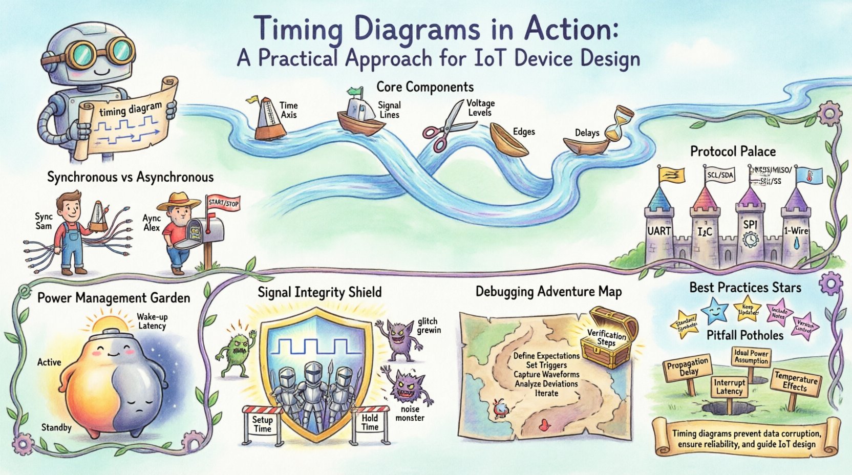 Whimsical infographic illustrating timing diagrams for IoT device design, featuring playful sections on core components (time axis, signal lines, voltage levels, edges, delays), synchronous vs asynchronous communication comparison, protocol specifications for UART/I2C/SPI/1-Wire, power management sleep-wake cycles, signal integrity with setup/hold times, debugging verification workflow, common timing pitfalls, and best practices documentation tips, all presented in a colorful hand-drawn style with friendly tech characters for accessible engineering education