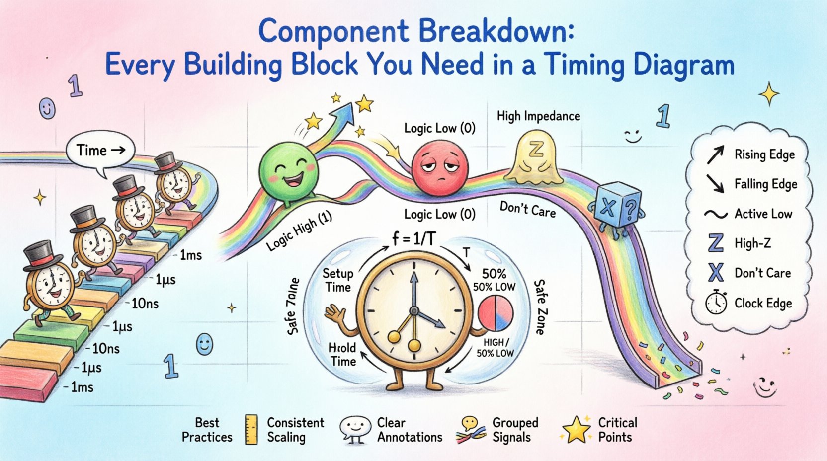 Whimsical educational infographic illustrating the essential components of digital timing diagrams: time axis, signal lines, logic levels (High/Low/Hi-Z), rising/falling edges, clock mechanisms, setup/hold time windows, and standard symbols, presented with playful characters and colorful hand-drawn visuals for intuitive learning.