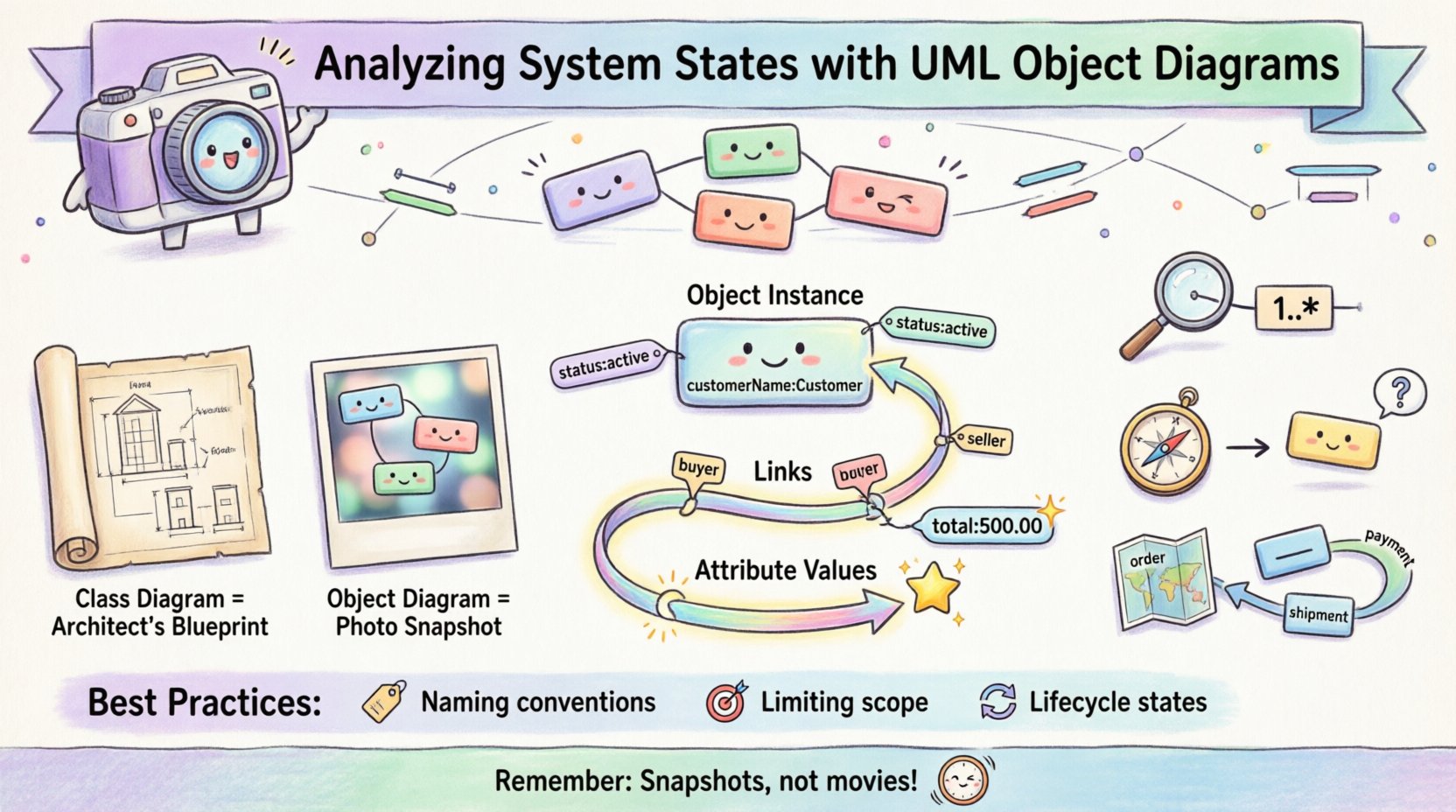 Whimsical educational infographic explaining UML Object Diagrams for system state analysis: features playful comparison of Class Diagrams (blueprints) vs Object Diagrams (snapshots), illustrates core components including object instances with attribute values and connecting links, highlights three key analysis techniques for validating data integrity, identifying orphaned objects, and tracing data flow paths, plus best practices for naming conventions, scope limitation, and lifecycle state representation, all rendered in soft pastel colors with friendly cartoon-style UML elements for approachable technical learning