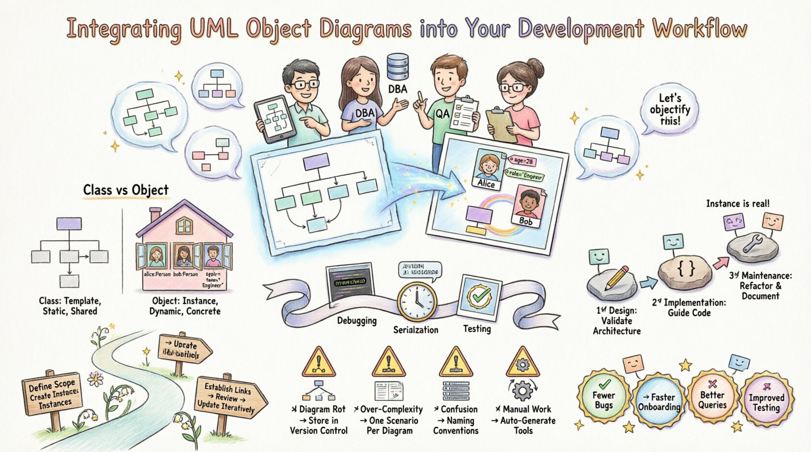 Whimsical infographic illustrating how to integrate UML Object Diagrams into software development workflows, featuring class vs object comparison, temporal state snapshots, three-phase lifecycle integration (design, implementation, maintenance), collaboration benefits for DBAs/QA/PMs, five-step implementation process, common pitfalls with solutions, and success metrics—all presented in a playful pastel-colored hand-drawn style with friendly characters and visual metaphors